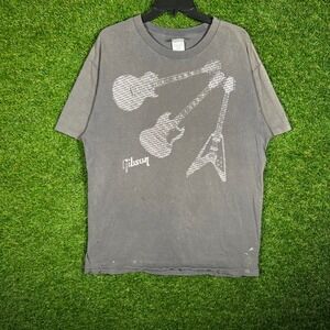 Vintage Gibson Guitars Graphic T-Shirt Mens XL Faded Charcoal Gray Rock Tee